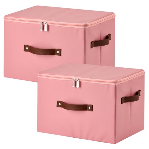 2PCS Storage Bins with Zipper Lid PU leather Storage Boxes Leather Fabric Collapsible Lidded Baskets Cube with Handle Decorative Shelves Closet Office Organizer Container(Pink, Large Size) - color: Pink, size: Large(set of 2)