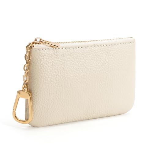 Full Grain Leather Coin Purse with Key Chain - Small Change Purse Keychain Card Holder Keychain Pouch Small Keychain Wallet for Women and Men (Creamy-white, Large Size) - color: Creamy-white, Large Size