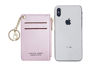 Small Wallets for Women Slim Leather Card Case Holder Wallet Coin Change Purse with Keychain - color: Pearized Pink