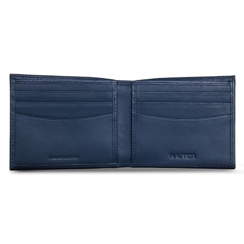 Nautica Men's Bifold Leather Wallet | RFID Blocking | ID Window | Card Slots | Organization | Durable | Stylish - color: Émbroidered Sail - Navy
