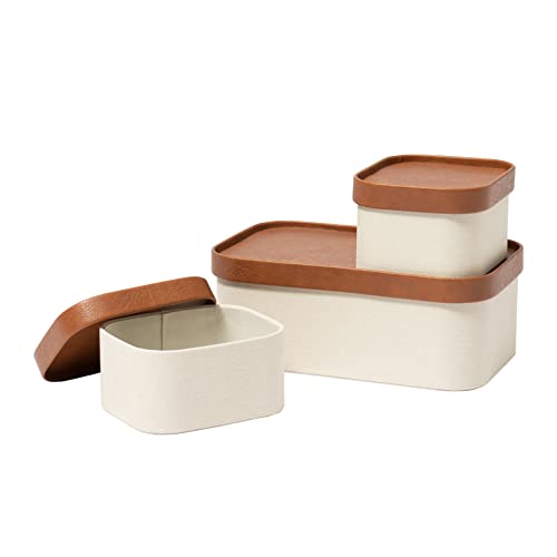 LA JOLIE MUSE Decorative Storage Boxes with Lids Faux Leather, Beige 3 Pack | Vegan Leather Lids, Fabric Covered Storage Basket, Organizer for Jewelry, Shelves, Bedroom & Closet Storage Memory Box - color: Beige