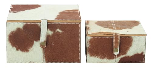Deco 79 Leather Handmade Decorative Box Decorative Keepsake Boxes with Hinged Lid, Set of 2 Storage Boxes 8", 10"W, Brown