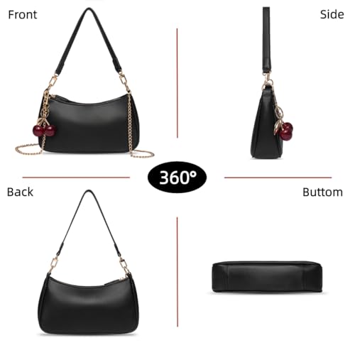Pagwale Black Shoulder Bag for Women Cute Hobo Cherry Purse Retro Clutch Underarm Handbag with Removable Straps - color: Black
