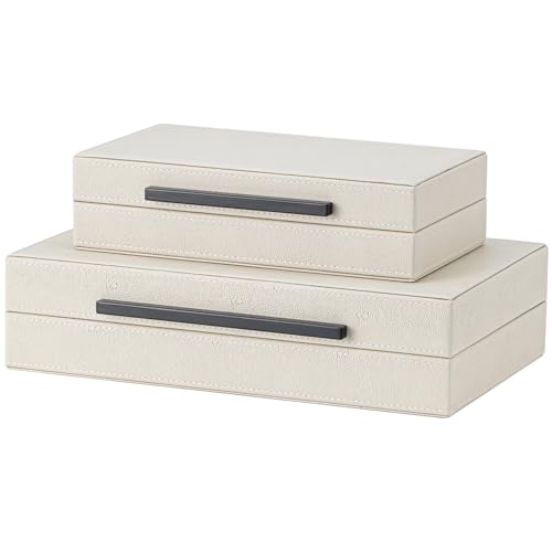 Set of 2 Beige Shagreen Decorative Storage Boxes with Black Metal Handles – Faux Leather Jewelry & Memory Boxes, Nesting Photo Organizers for Home Decor - color: Beige+Black Handles