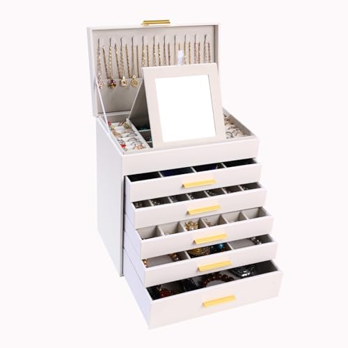 BOOVO Jewelry Boxes for Women, White and Black 6 Layer Large Jewelry Box for Necklace, Bracelet, Earrings, Rings Storage, Jewelry holder Organizer for Girls Gift (White and Gold, 6 layer) - color: White and Gold, size: 6 layer