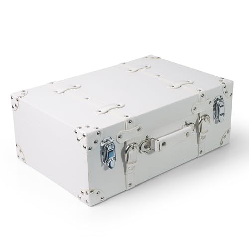 DreamsEden Decorative Wooden Treasure Chest, Vintage Suitcase Storage Box with Lid Pirate Keepsake for Gifts, White Leather (White)