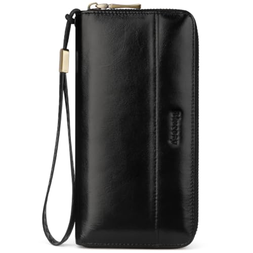 Real Leather Wristlet Wallet Women With RFID Blocking(ypblack) | Large capacity design,12 credit card slots,1 Inner zipper coin pocket,2 Full-length receipt slots,2 cash compartments - color: b1-Oiled leather black
