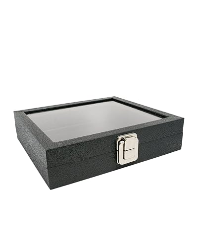 Novel Box Jewelry Organizer Box Black Leatherette 8.25x7.25x2 Half Size Glass Jewelry Box with Lid with Metal Clasp - Gem Display Case - Jewelry Display Case for Necklaces Bracelets Rings Accessories - color: Black Leatherette, size: Half-Size: 8.25X7.25X