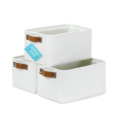 OrganiHaus 12x8in Canvas Storage Baskets, 3 Pack - Fabric Bins for Shelves | Vegan leather handles; a decorative pantry and office organizer, container for desk and books - color: Full Off-White, size: Small - 3pc
