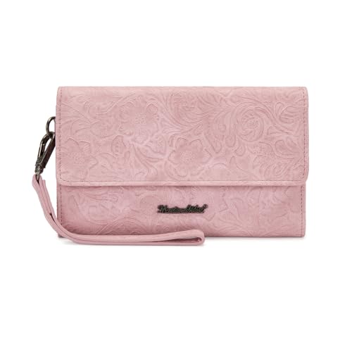 Montana West Women Wallet Trifold Large Capacity Phone Wristlet Travel Credit Card Cash Wallets with Coin Purse and Wrist Strap - color: Pink
