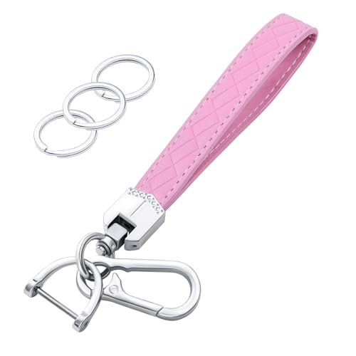 OHKYOOT Leather Wristlet Keychain for Home Car Keys (Pink) | Key Fob Keychain, Car Key Chain with 3 Key Ring and Anti-Lost D Ring for Women Men,Wrist Lanyard - color: Pink