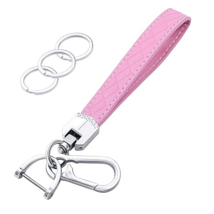 OHKYOOT Leather Wristlet Keychain for Home Car Keys (Pink) | Key Fob Keychain, Car Key Chain with 3 Key Ring and Anti-Lost D Ring for Women Men,Wrist Lanyard - color: Pink