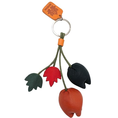 Genuine Leather Keychain, Animal Keyring, Bag Purse Charm Pendant Gifts Handmade, Cute Key Holder, Pets Lover Accessories - color: Tulip Black Redbrown