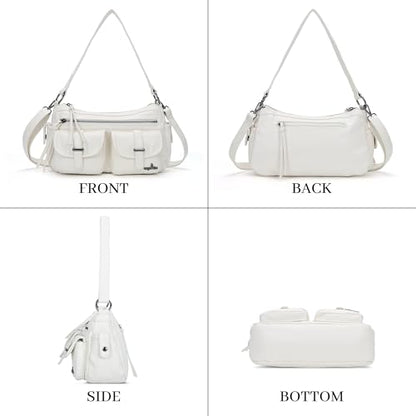 Angel Kiss Hobo Purses for Women Crossbody Shoulder Bag Ladies Multi Pocket Handbags with Adjustable Shoulder Strap | Soft Vegan Leather - color: White