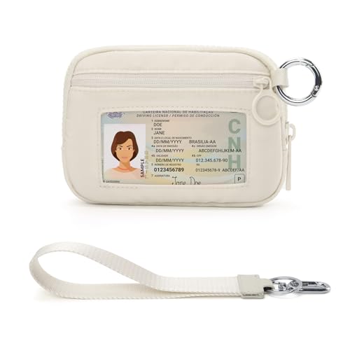The Iris Wallet Zipper Mini Coin Purse Keychain ID Holder Wallet | Zip Card Case with ID Window Purses for Women Mini Portable Keychain Wallet,Beige with Lanyard - color: Beige1