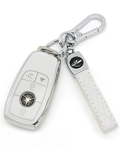 For Mercedes Benz Key cover & Key chain accessories (White set) | Advanced soft TPU key Case is compatible with C E R S G S CLS CLK GLC ML GLE GLS SL SLR Maybach AMG Smart Remote Key - color: Key Case + Sheepskin Metal Key Chain(white)