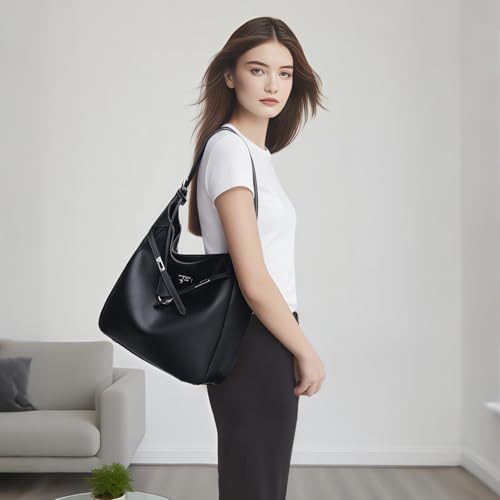 Genuine Leather Hobo Bag for Women, Slouchy tote Bags Purse Shoulder bag - color: Black