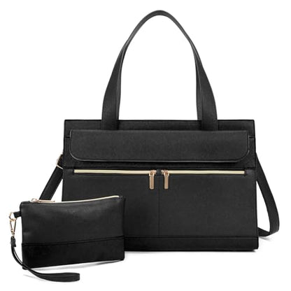 Laptop Bag for Women 15.6 Inch, Professional Tote Briefcase Purse, Eco-friendly Leather Teacher Bag Work Bag for Business - color: Black