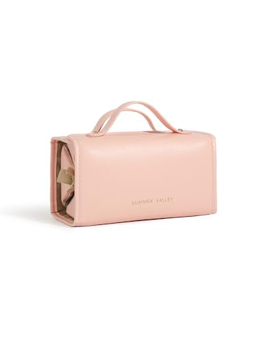 YDR Travel Makeup Bag for Women, 4-in-1 Roll Up Toiletry Bag with 4 Detachable Clear Pouches, PU Leather Makeup Organizer Case with Top Handle for Brushes, Skincare, Cosmetics and Travel - color: Pink