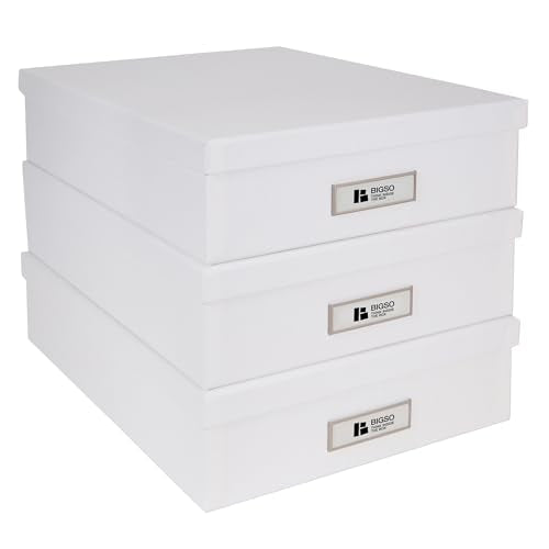 Bigso Oskar Fiberboard Label Frame Document Letter Box - File Organizer Box for Important Paperwork - Document Storage with a Lid & Metal Label Window - 3.3 in x 10.2 in x 13.8 in - 3 Pack - White - color: White, size: 3 Pack