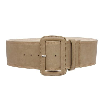 Women's 3" Wide High Waist Fashion Stitch Rectangular Leather Belt - color: Beige, size: L/XL - 40"