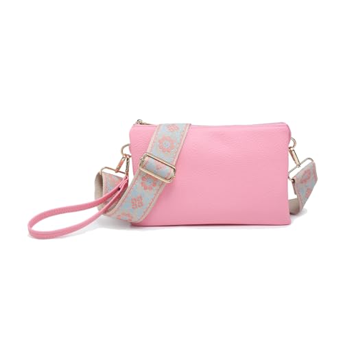 JEN & CO. Izzy Crossbody Bag, Wristlet Clutch Shoulder Purse for Women | Vegan Leather, 3 Compartments, Handbag with Inside Card Slots, Removable Wristlet, Adjustable Guitar Strap for Daily Travel - color: Sweet Pink