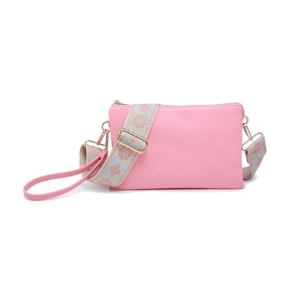 JEN & CO. Izzy Crossbody Bag, Wristlet Clutch Shoulder Purse for Women | Vegan Leather, 3 Compartments, Handbag with Inside Card Slots, Removable Wristlet, Adjustable Guitar Strap for Daily Travel - color: Sweet Pink