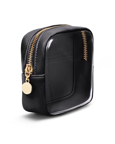 Wandering Nature Clear Makeup Bag for Purse Mini Make up Bag Cute Cosmetic Pouch for Women with Slip-in Pockets Travel Toiletry Essentials Vegan Leather Organizer Pouch,Patent Pending - color: Black