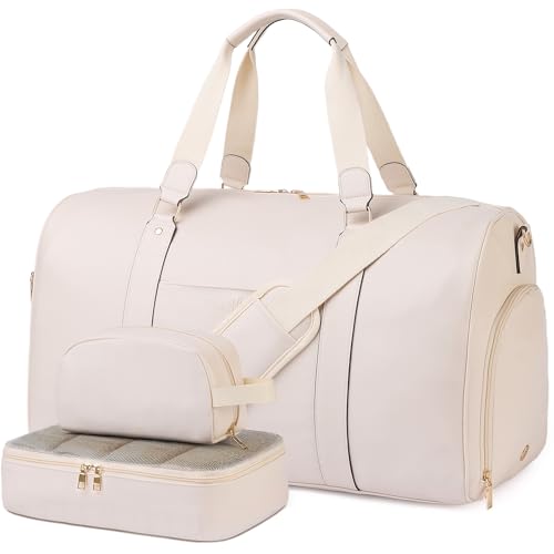 Large 3-in-1 Leather Duffle Bag for Travel Weekender Overnight Hospital Gym Bag for Men & Women, Carry On Airline Approved Personal Item Duffel Garment Bag Luggage with Shoe Compartment & Toiletry Bag - color: Beige