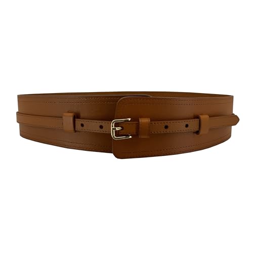 Women Wide Waistband, High and Low Waist Full Grain Leather Skinny Boho Concho Belt - color: Tan, size: 32"(fits 30”-34”)