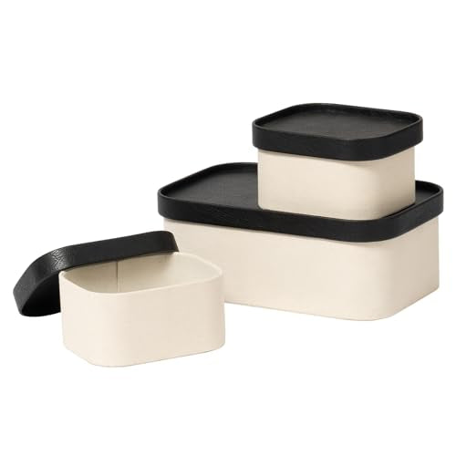 LA JOLIE MUSE Decorative Storage Boxes with Lids, Black & Beige 3 Pack | Vegan Leather Lids, Fabric Covered Storage Basket for Home, Organizer for Jewelry, Shelves, Bedroom & Closet Memory Box - color: Beige & Black