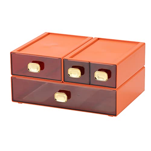 Desktop Storage Drawers, Stackable Countertop Organizer with Drawers | Orange, 1 Large, 1 Mid & 2 Small Drawers, On Counter Acrylic Organizer for Craft Storage, File Cabinet, Tabletop Pen Holder - color: 4 Mixed Drawers, Orange