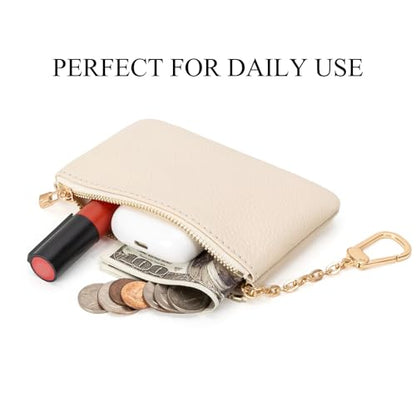 Full Grain Leather Coin Purse with Key Chain - Small Change Purse Keychain Card Holder Keychain Pouch Small Keychain Wallet for Women and Men (Creamy-white, Large Size) - color: Creamy-white, Large Size