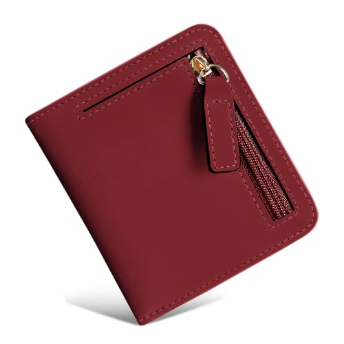 Small Wallet Women RFID Blocking Leather Bifold Compact Card Holder Wallet for Women With Zipper Coin Pocket ID Window (Deep Red) - color: Deep Red