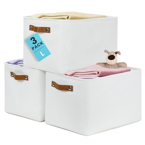 OrganiHaus 15x11in Canvas Storage Baskets 3 Pack - Fabric Bins for Shelves | Vegan leather handles; a decorative closet organizer for clothes, shoes, or toys; bedroom container - color: Full Off-White, size: Large - 3pc
