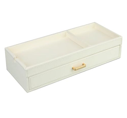 HofferRuffer Valet Jewelry Tray Organizer with Drawer, Faux Leather Storage Catchall Box Phone Charging Station Tray with Dresser Nightstand Desktop Drawer Organizer (White) - color: White