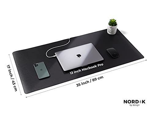 Nordik Leather Desk Mat - Pebble Black - Large Leather Desk Pad (35x17 in) | Premium Vegan Leather Desk Pad with Cable Organizer, Giftable, Extended Waterproof Mouse Mat, Non-Slip Desk Pad Protector - color: Pebble Black