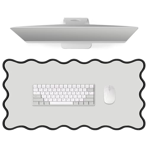 Leather Desk Mat, XXL Large 31.4x15.7in Scalloped Gaming Mouse pad，Non-Slip Rubber Base Keyboard Pad Mousepad for Laptop Computer Game Home Office，Waterproof and Oilproof Desktop Mat I Gray - color: Gray