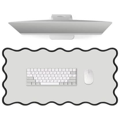 Leather Desk Mat, XXL Large 31.4x15.7in Scalloped Gaming Mouse pad，Non-Slip Rubber Base Keyboard Pad Mousepad for Laptop Computer Game Home Office，Waterproof and Oilproof Desktop Mat I Gray - color: Gray