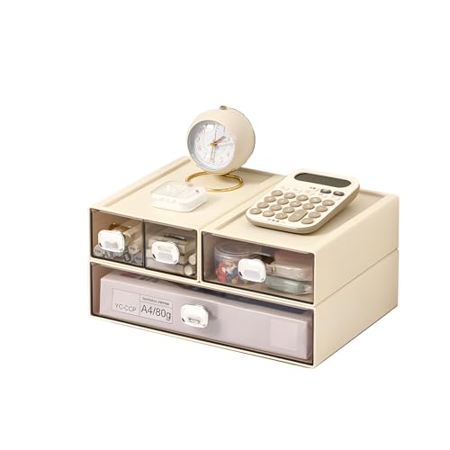 Desktop Storage Drawers, Plastic Countertop Printer Paper Organizer | Cream, 1 Large, 1 Mid & 2 Small Drawers, On Counter Acrylic Organizer for Craft Storage, File Cabinet, Tabletop Pen Holder - color: 4 Mixed Drawers, Cream