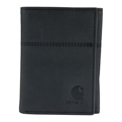 Carhartt Men’s Full Grain Saddle Leather Wallets, RFID Blocking Bifold, Trifold, and Front Pocket Options, Gifts for Men - color: Black (Trifold)
