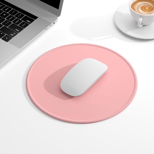 Auhoahsil Round Mouse Pad, Cute Small Computer Mouse Mat, Stitched Edge, Non-Slip Rubber, Washable Mousepad Cloth for Wireless Mouse, Gaming, Office, Laptop, Women, Men, 8.7 x 8.7 in, Pink - color: A-Pink