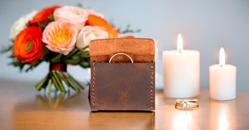 Handmade Brown Leather Wedding Ring Case, Engagement Ring Pouch for Bride and Groom, Travel Jewelry Storage, Proposal RingHolder, and RingBearer, Small Jewelry Pouch - color: Brown