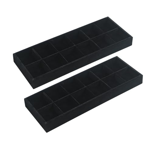 2Pcs Desk Drawer Storage Tray, Nightstand Organizer Tray, Necklace Bracelet Ring Earring Jewelry Display Tray, Grid Table Organizer Holder Tray for Sunglass, Phone, Watch, Perfume (12 grid)/Black - color: Black, size: 12 Grid