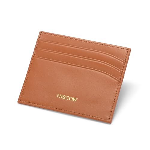 HISCOW Slim Full Grain Leather Card Holder, Cognac | Men's minimalist EDC wallet, front pocket carry, 6 credit card slots & center pocket, fits folded bills, premium gift box - color: Cognac