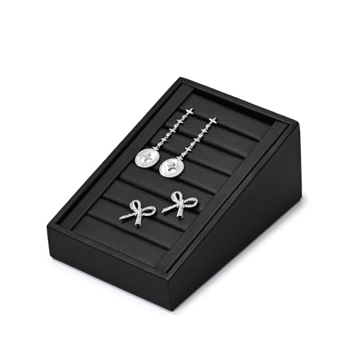 Black PU Leather Slotted Ring Jewelry Display Stand Organizer | Easy-clean scratch-proof PU leather slotted stand, orderly ring earring storage for home dresser & trade show holiday gifts