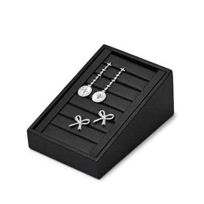 Black PU Leather Slotted Ring Jewelry Display Stand Organizer | Easy-clean scratch-proof PU leather slotted stand, orderly ring earring storage for home dresser & trade show holiday gifts