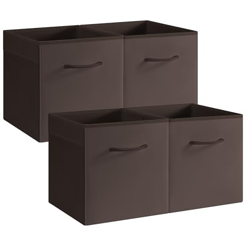 StorageWorks 11in Leather Storage Cubes, Cube Organizer Bins, Brown, 4-Pack | Reinforced Handle & Front Panel, Faux Leather Front, Non-woven Fabric, Collapsible, Space-Saving, For Closet, Bedroom, Office - color: Brown, size: 11 Inch