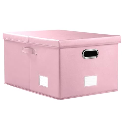 Collapsible Storage Box with Lid [1-Pack] Leather Fabric Foldable Storage Bin Organizer Container Basket Cube with Cover for Home Bedroom Closet Office Nursery Pink (22.8X15.7X11.8) - color: Pink, size: X-Large(1-Pack)