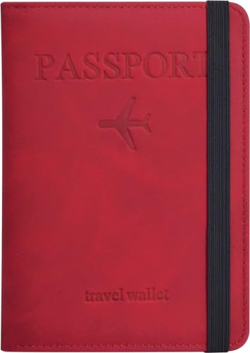 Passport Holder, Passport Cover with Credit Card Slot and Boarding Pass Slot Combo, Passport Wallet Case Book Travel Must Have, RFID Blocking Leather Travel Accessories, Red - color: Red